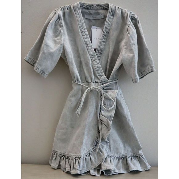IRO AQ614 Women's Sz 44 US 12 Bleached Gray Mazargue Ruffled Wrap Dress $495 - Picture 2 of 11